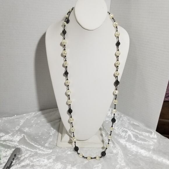 LC faux pearl black rhinestone ball 34" necklace 1.1635 2" e - Picture 1 of 14